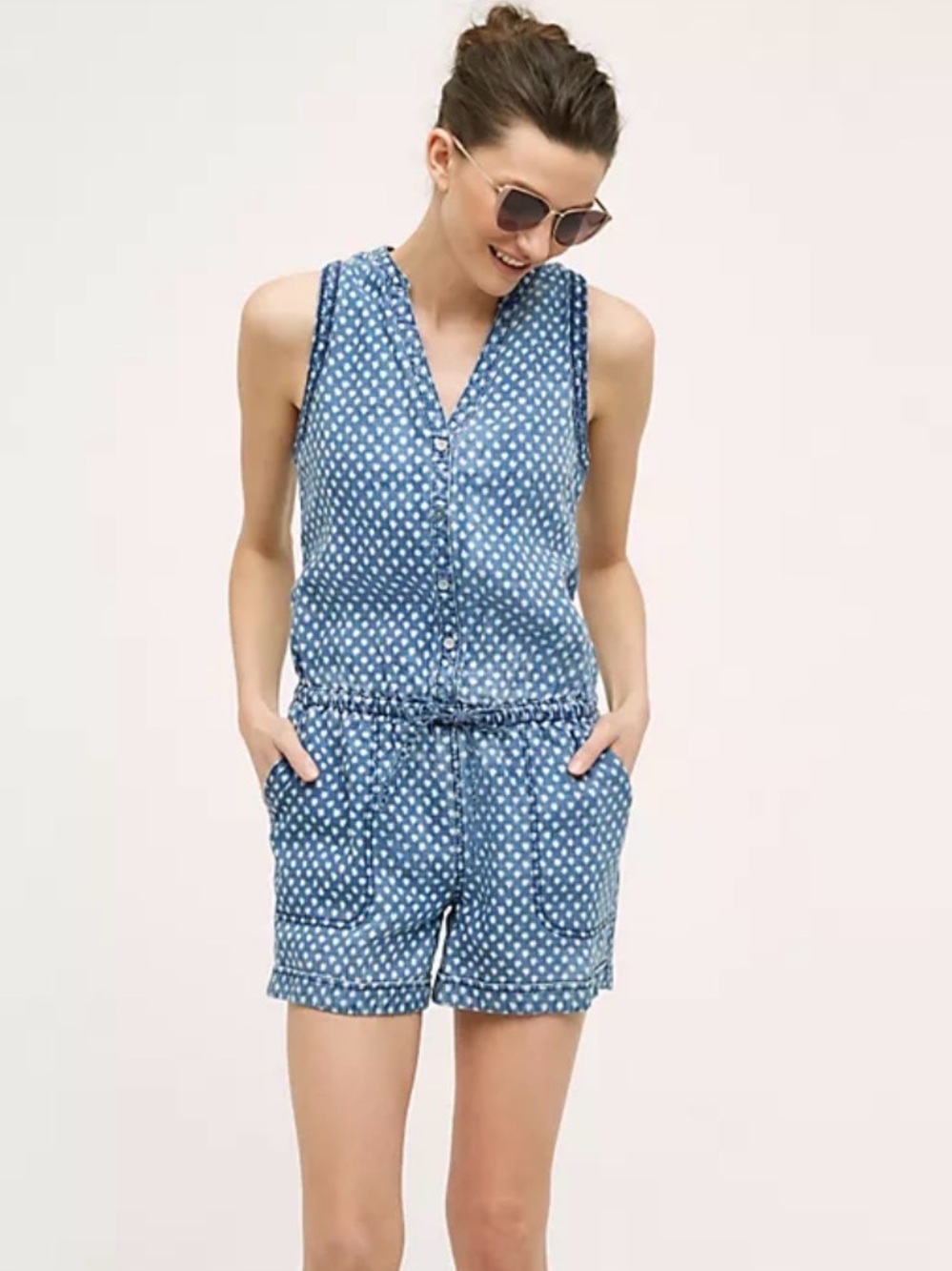 Anthropologie Hei Hei Dottie Chambray Polka Dot Linen Romper Size Small